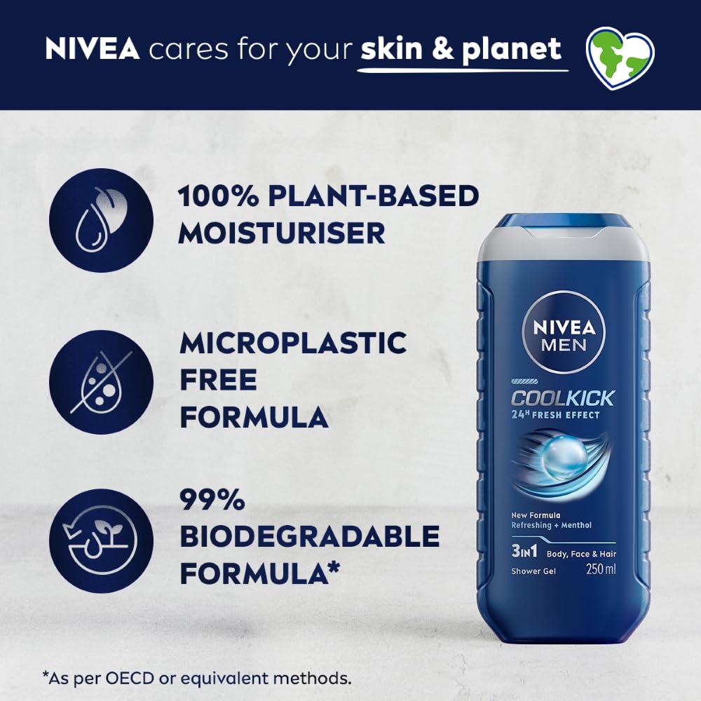 NIVEA MEN Cool Kick 250ml Body Wash| Shower Gel for Face, Body & Hair| Refreshing Icy MENthol|24 H Freshness |For All Skin & Hair Types Menthol 1 count (Pack of