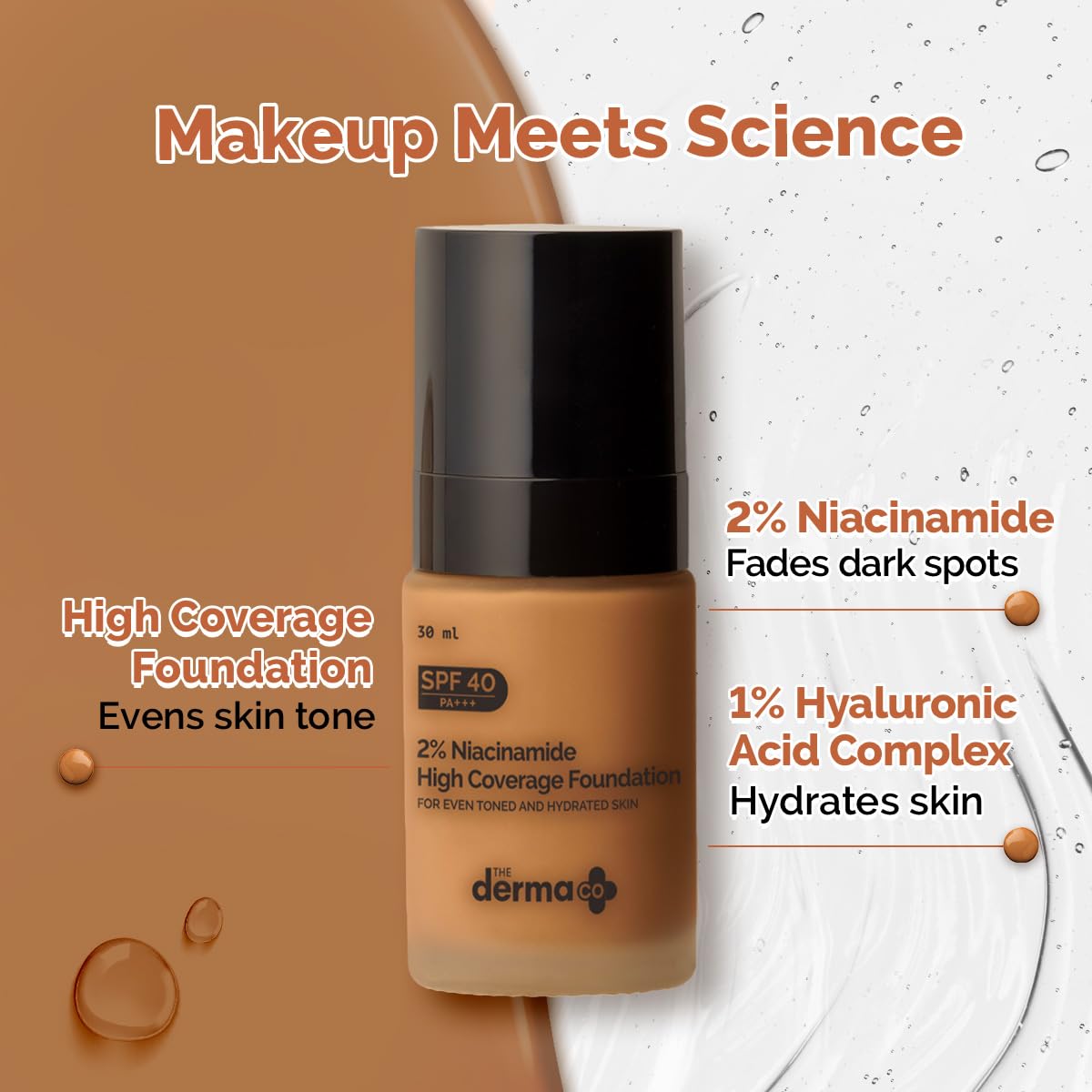 The Derma Co 2% Niacinamide Medium Coverage Matte Liquid Foundation | With 1% Hyaluronic Acid | Spf 40 Pa+++ | For 12 Hour Long Stay & Oil Control | For All Skin Types - 07 Cinnamon