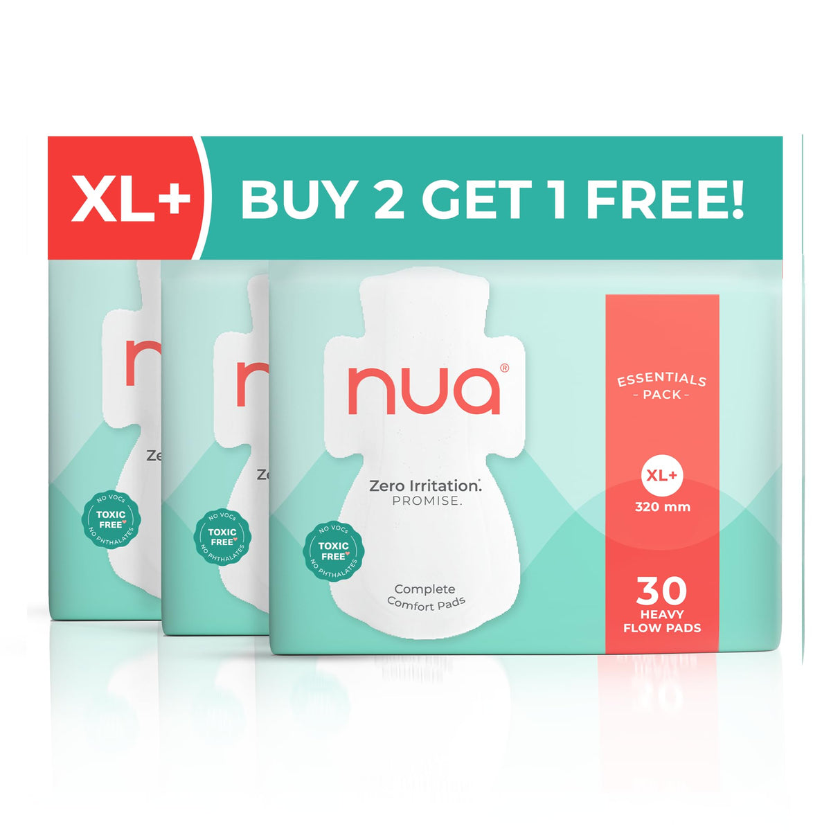 Nua Complete Comfort Sanitary Pads for Heavy Flow XL+ | Combo Pack of 90 Pads | (Buy 2 Get 1 Free) | Zero Irritation | 100% Toxin-Free | Essentials Super Saver