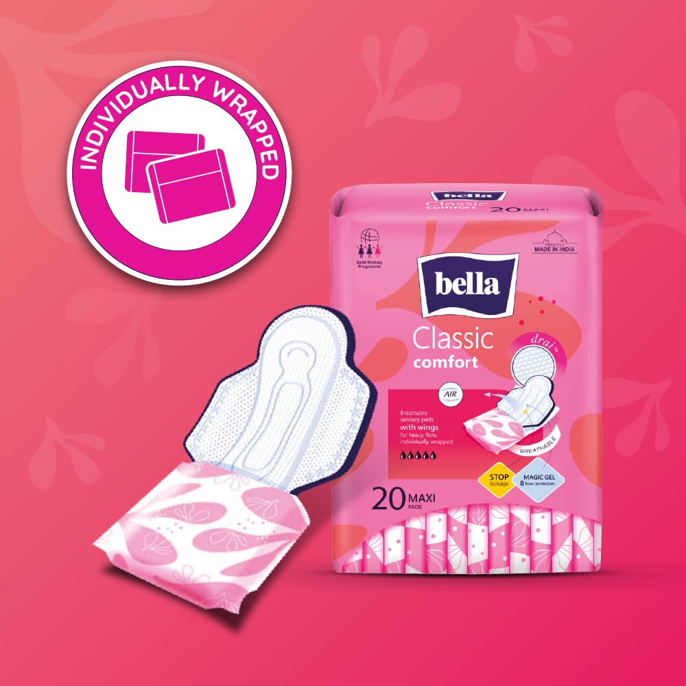 Bella Classic Comfort Maxi Drai Sanitary Pads XL - 20pcs | Maximum Dryness | 28 Cm Long With Wings | Rash Free Period | Suitable For Heavy Flow | Disposable Wra