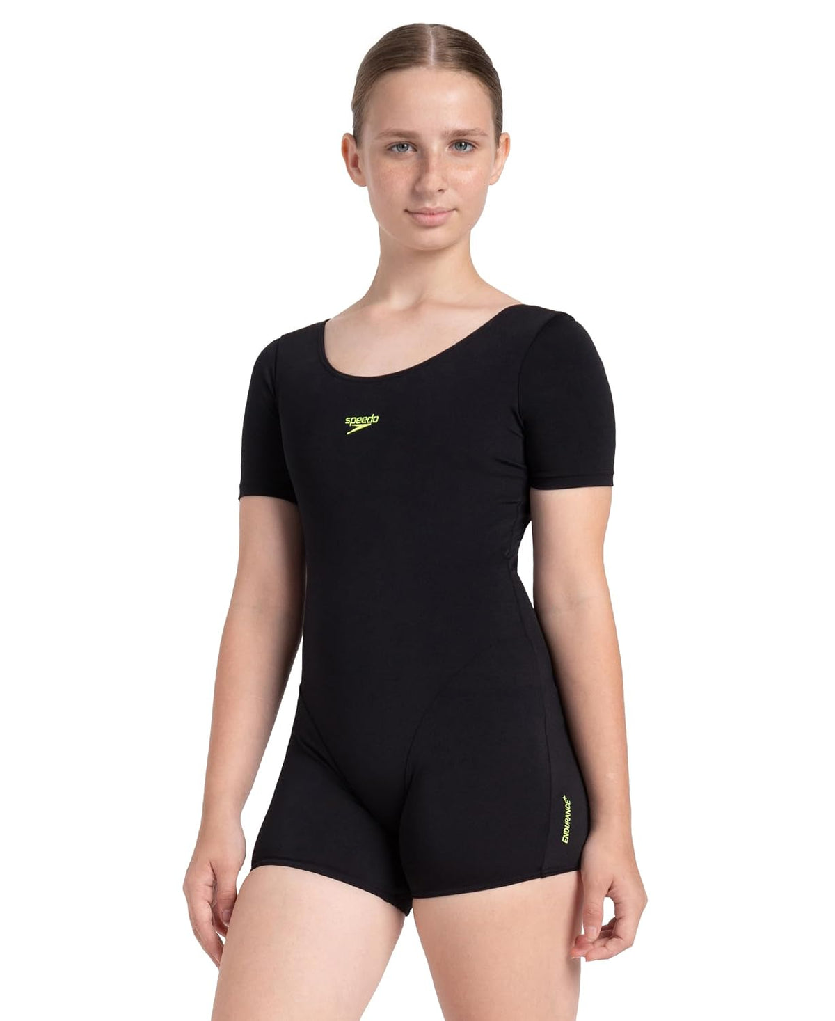 Speedo Girl's Endurance+ Sleeved Essential U-Back Legsuit - Black & Hyper Yellow Black & Hyper Yellow 5 Years-6 Years