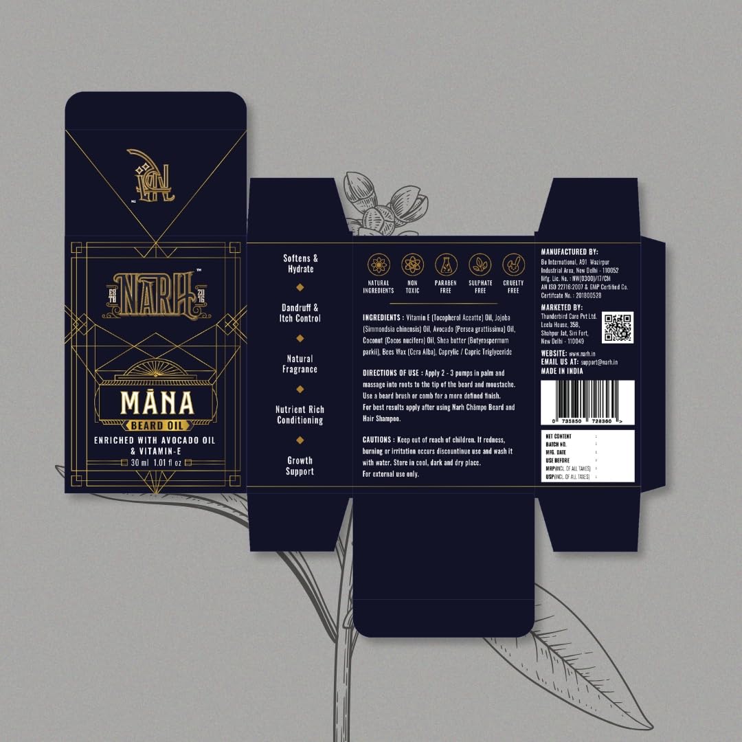 NARH MANA | Premium Beard Oil | All-Natural Grooming Oil with Oud Fragrance | Non-Sticky, Hydrating, Beard Nourishing Formula | Enriched with Jojoba, Avocado Oi