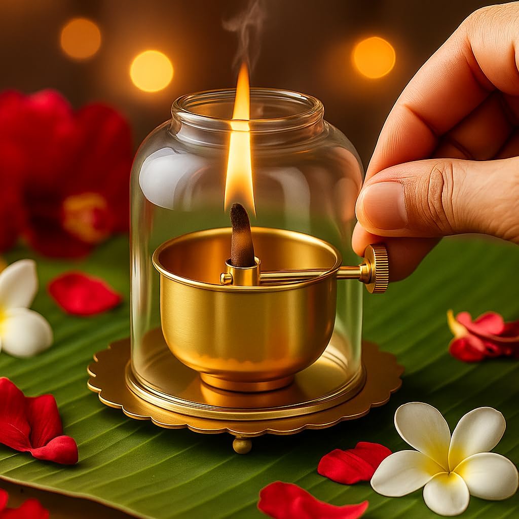 Brass Akhand Diya with Glass Chimney, 7.6 Cm, Adjustable Wick, Small Size Lamp for Pooja and Temple|akhand Diya with Adjustable bati