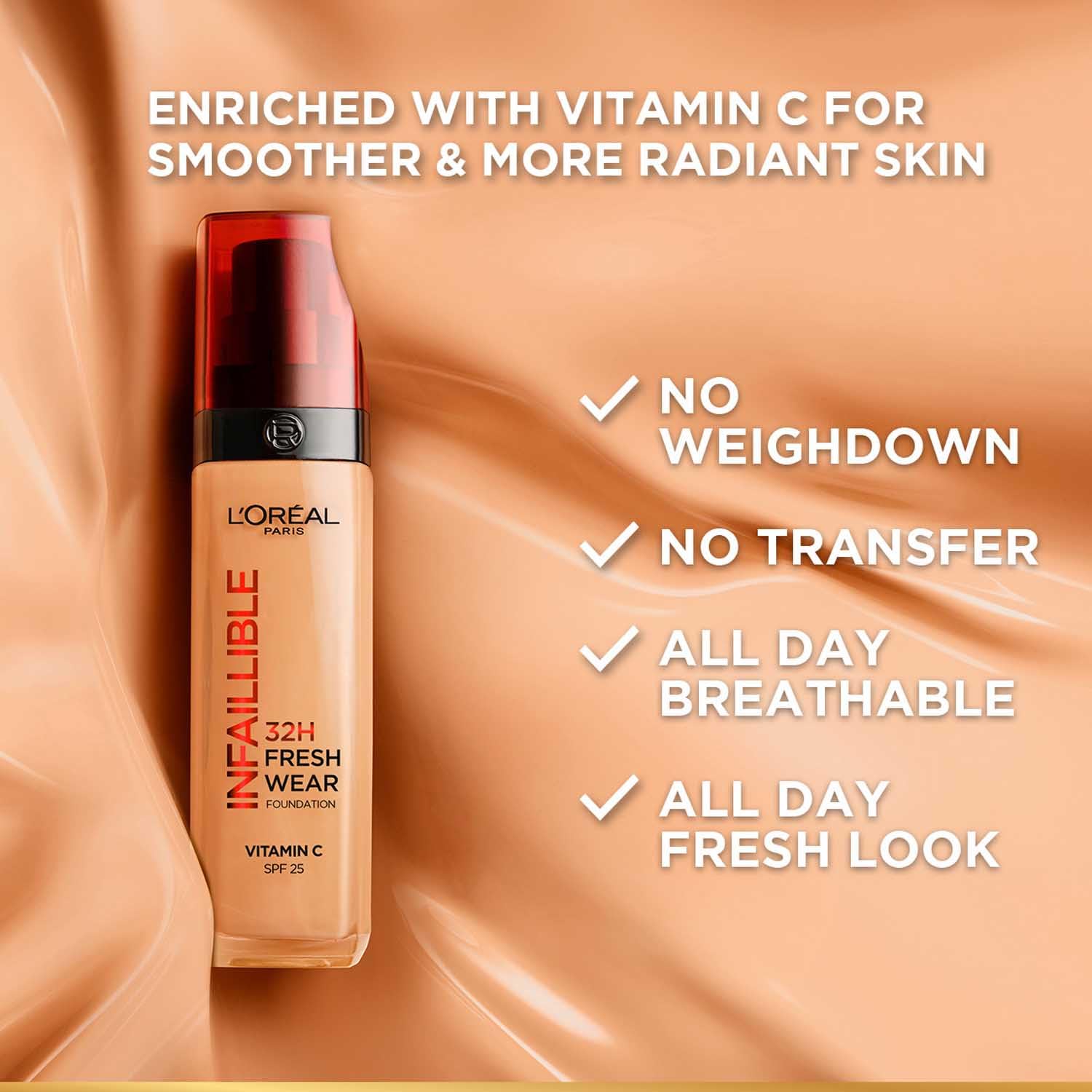 L'Oreal Paris Liquid Foundation, Oil Absorbing Formula, Transferproof, Heatproof and Long-lasting, Infallible 32H Fresh Wear, 220 Sand