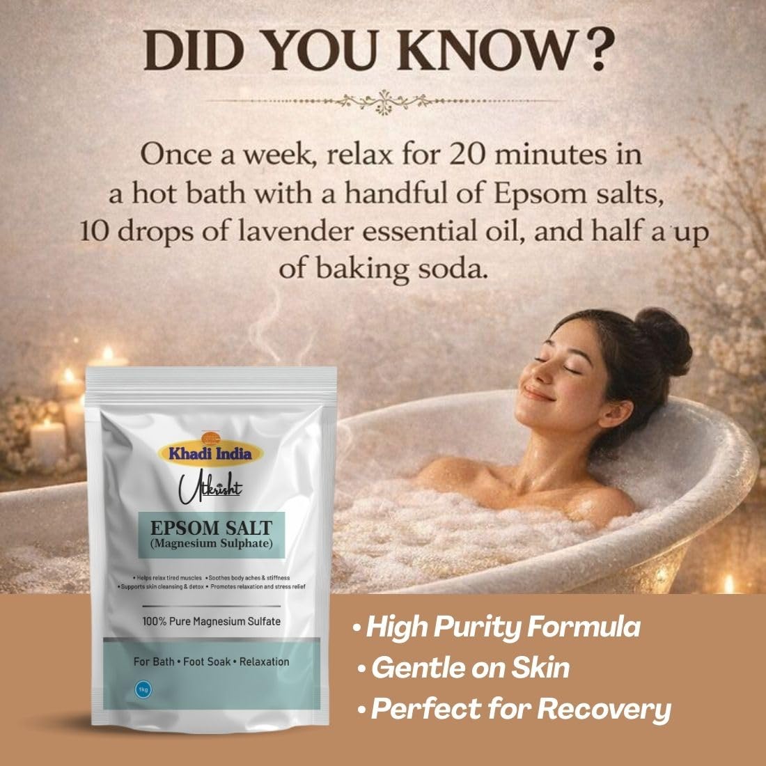 Khadi Utkrisht Epsom Salt, 100% Pure Magnesium Sulphate, Bath and Foot Soak for Muscle Pain Relief, Relaxation and Detox, 1 kg