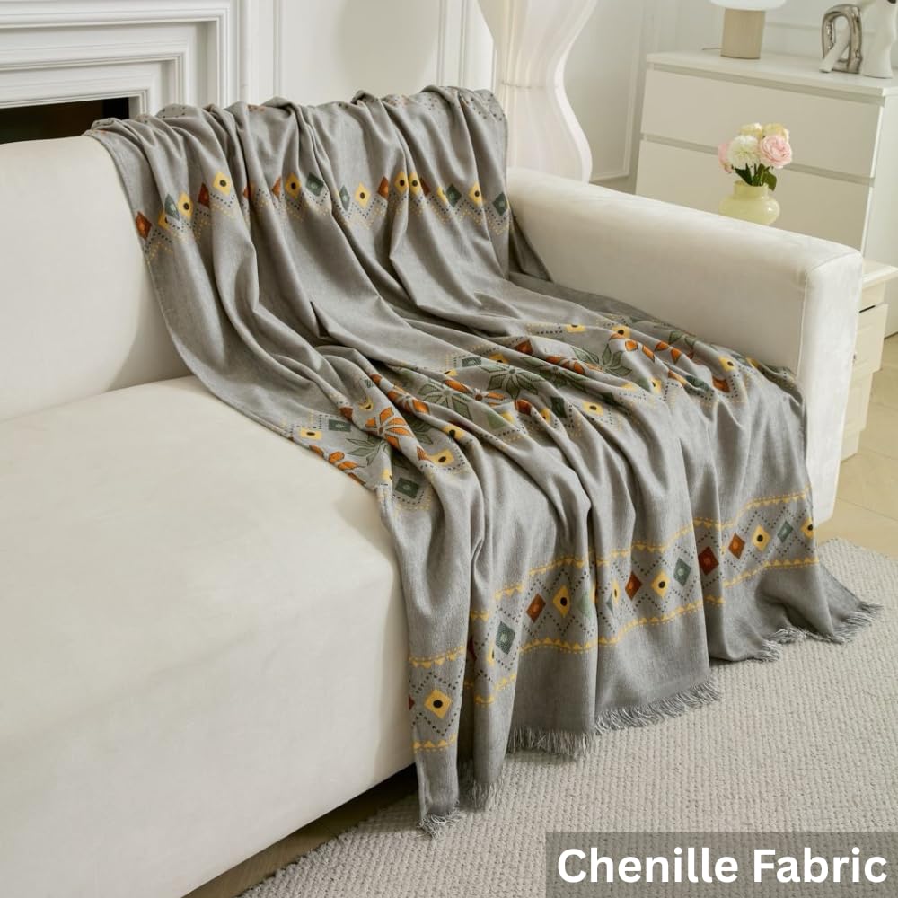 HOMETHREADS Chenille Dual Line Thick and Soft Sofa Cover | Elevate Your Living Space with Luxurious Slipcover Solutions for Sofa (Dual Line Grey, 4 Seater | 200