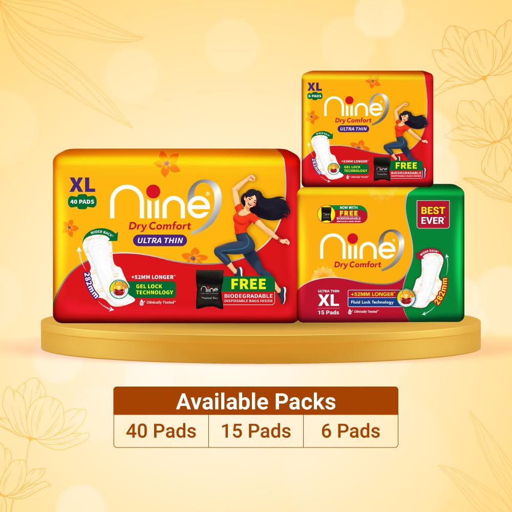 Niine Dry Comfort Ultra Thin XL Sanitary Pads for Women | 40 Pads, Pack of 1 | 282mm Long | Fast Absorption | Prevents Wetness & Leakage | Enjoy Leak-Free Perio