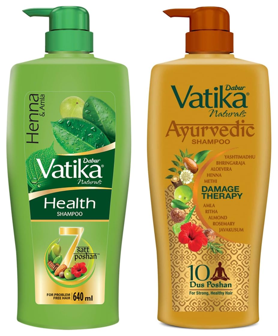 Dabur Vatika Ayurvedic Shampoo, 640ml Power Of Dus Poshan For 10 Hair Problems & Vatika Health Shampoo With Henna & Amla For Problem Free Hair, 640ml