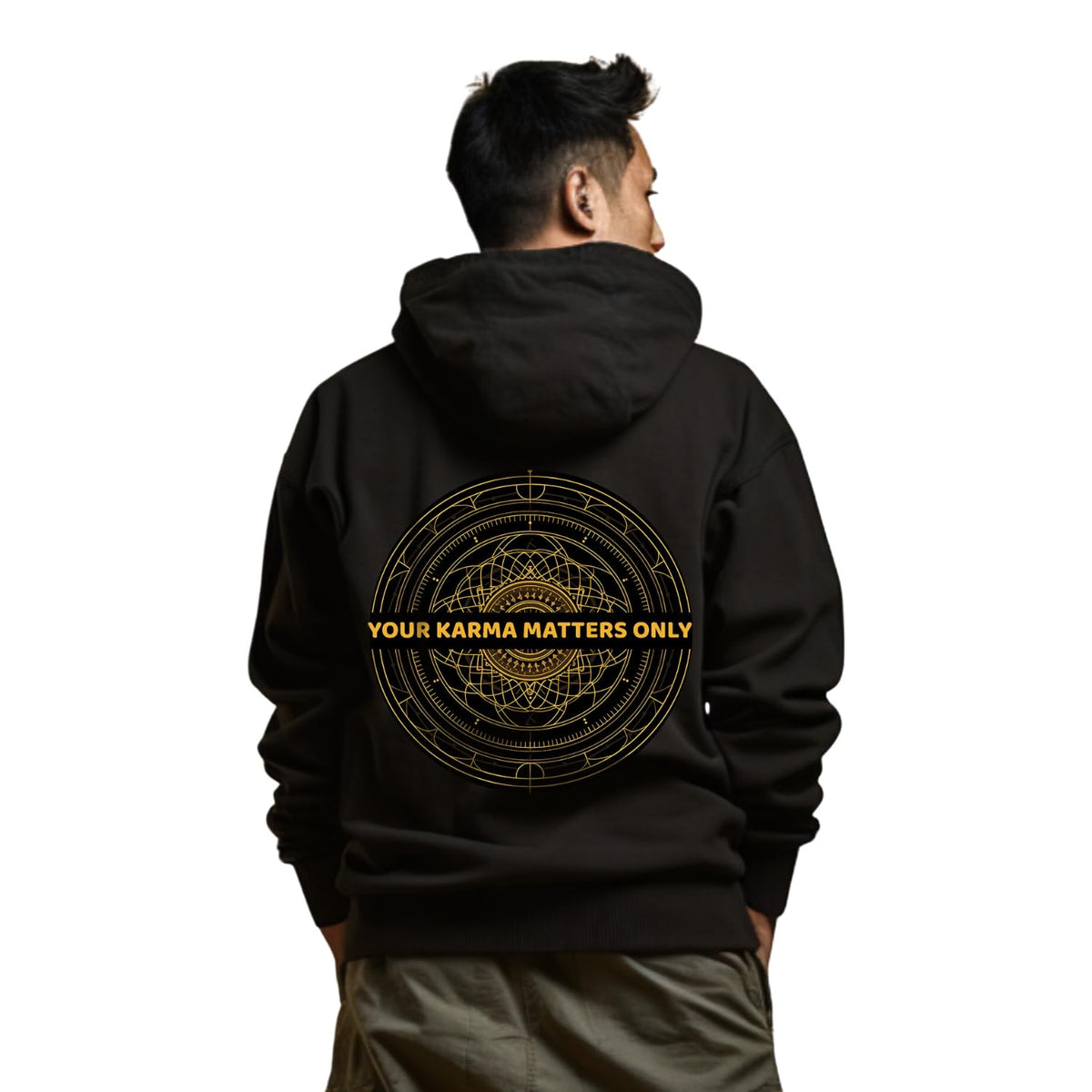 prabhu bhakti Solid Black Karma Matters Printed Pullover Full Sleeve Hoodies Full for Men S Black