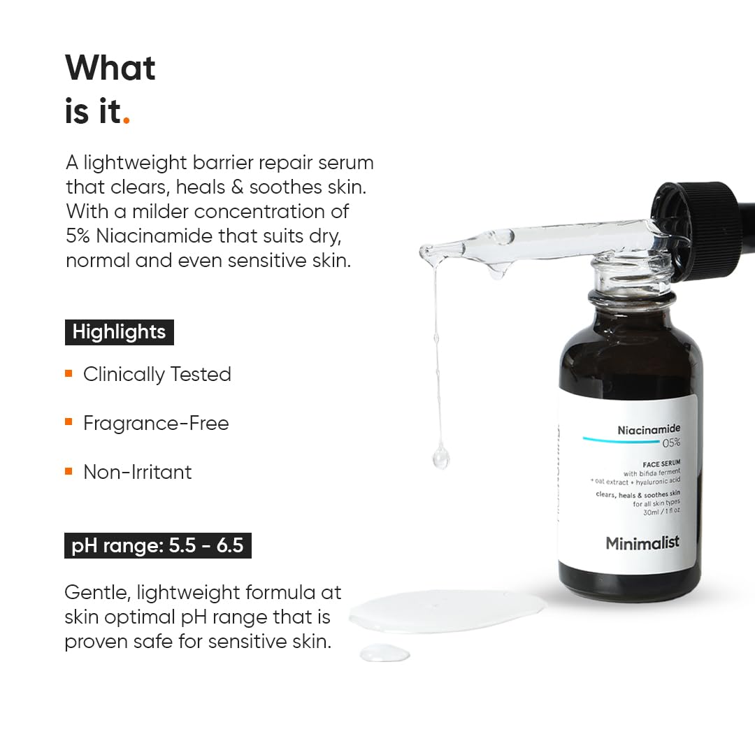 Minimalist 5% Niacinamide Face Serum with Hyaluronic Acid for Clear Skin | Reduces Blemishes/Acne Marks, Pore minimizer, Repairs & Soothes skin | For Women & Me