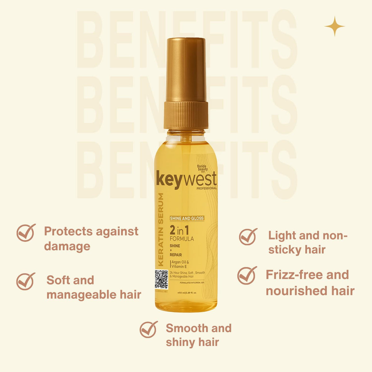 Keywest Professional Shine & Gloss Hair Serum for Women Men Dry Frizzy Hair, 50ml | 2in1 Formula Shine + Repair | Enriched with Argan Oil, Walnut Oil & Vitamin