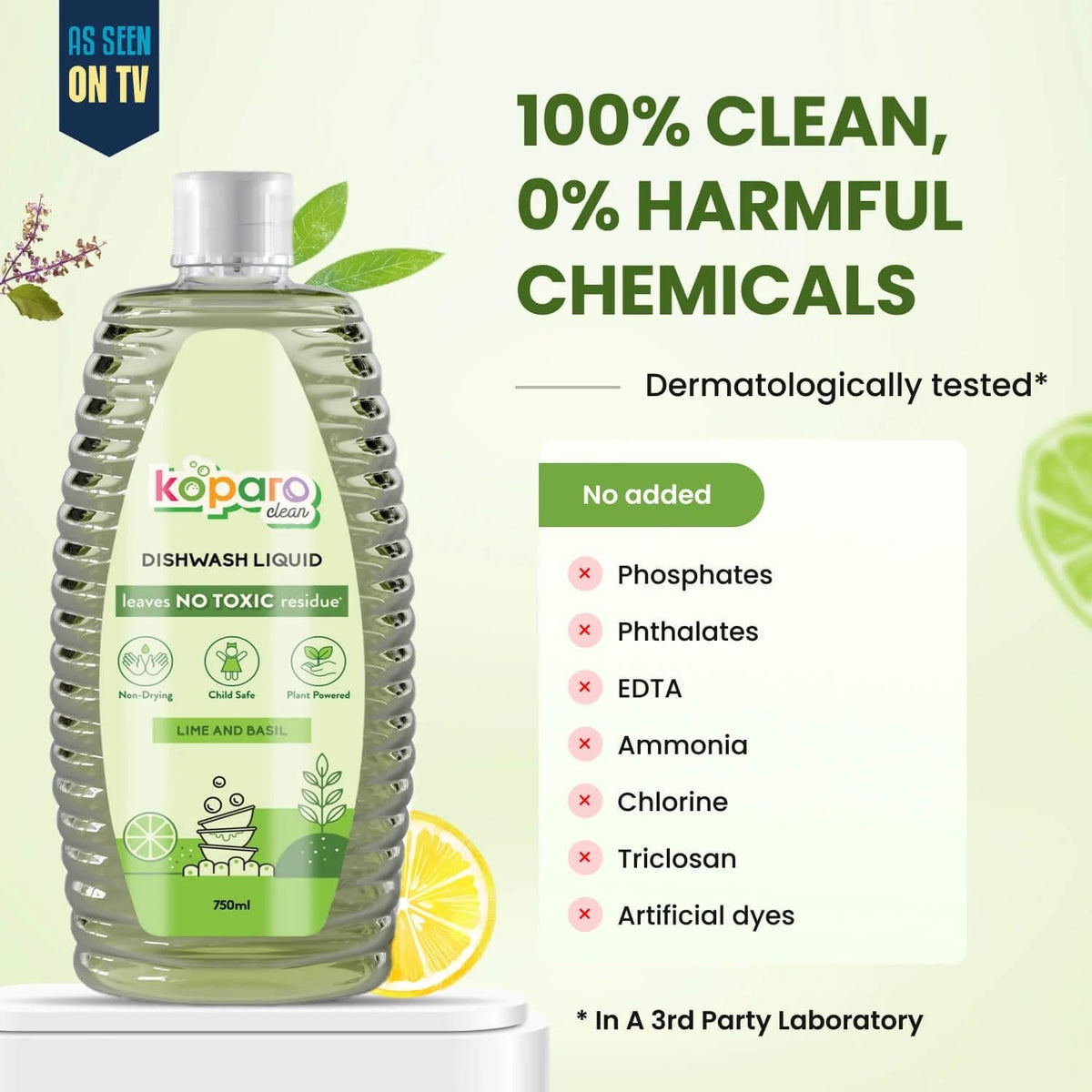 Koparo Organic Dishwash Liquid | 750ml | Lime And Basil Fragrance | Natural, Plant Based & Eco-Friendly | Removes Tough Grease, Soft on Hands | Baby & Pet Safe