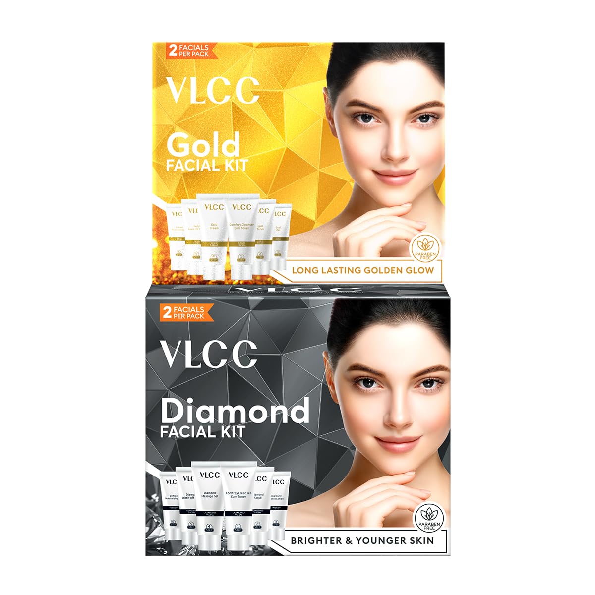 VLCC Gold Facial Kit & VLCC Diamond Facial Kit - 60g Each (Pack of 2) | Pamper your Skin for a Luminous Glow | Skin purifying with Parlour Glow | With Gold Bhas