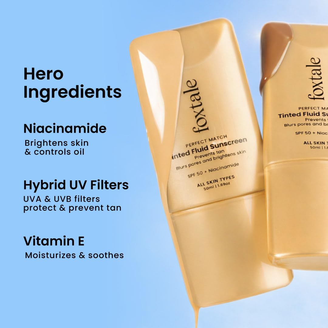 Foxtale SPF 50 PA++++ Tinted Sunscreen, 04 Clay | In-Vivo Tested & UVA/B Protection | Niacinamide & Vitamin E | Daily Wear, Blurs Pores, Evens Tone, Matte Finish, Non-Greasy | All Skin Types | 50ml