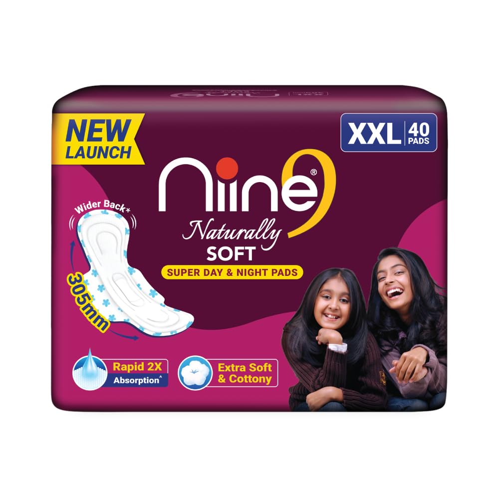 NIINE Naturally Soft XXL Sanitary Pads for Women | 40 Pads | 305MM | Cottony Soft Top Cover | Extra Coverage with Wider Back, Quick Absorption for Heavy Flow 40