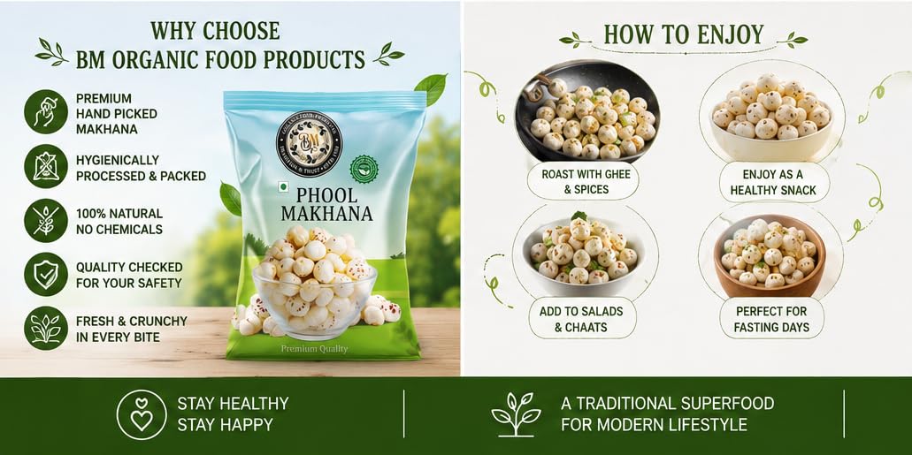 BM ORGANIC FOOD PRODUCTS Phool Makhana 500gm | Naturally Hand-Picked Fox Nuts | Natural Lotus Seeds | Healthy Roasted Snack | High Fiber & Protein Rich | Gluten