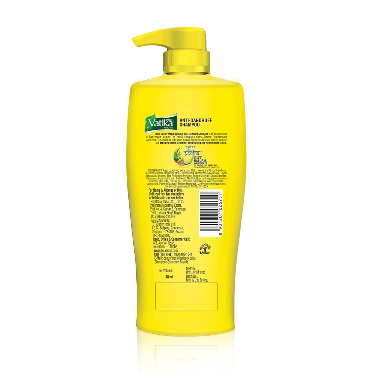 Dabur Vatika Naturals Anti Dandruff Shampoo - 640 ml | 7 Natural Herb Extracts | Contains Lemon, Methi & Tea Tree Oil | Exfoliates Flaky Scalp for Dandruff-Free Hair | Everyday Shampoo for Women & Men