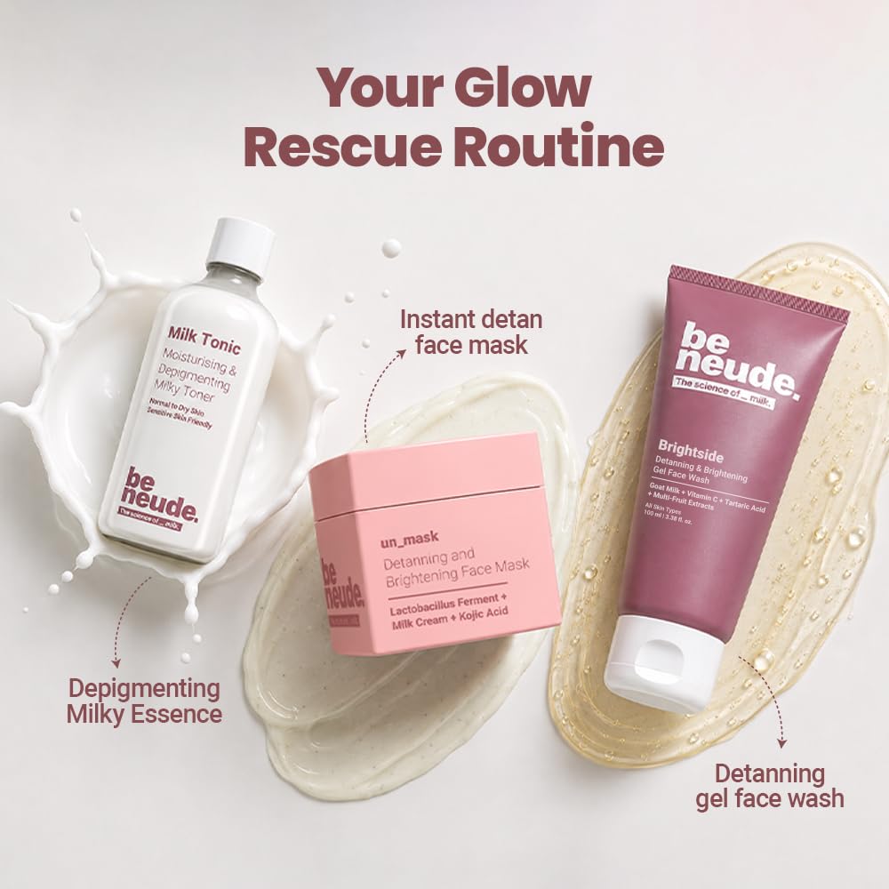 Be Neude Brightside 100ml Detan & Brightening Gel Face Wash with Goat Milk, Vitamin C & Tartaric Acid for Dark Spot Removal, Pigmentation & Glow, Face Wash for