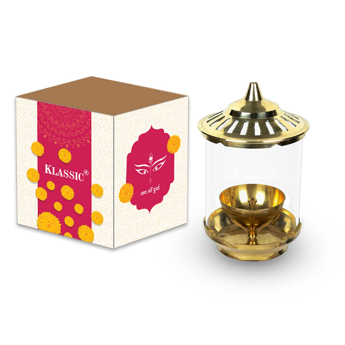 Klassic Kumbha 8 Inch Large Akhand Diya with Borosilicate Glass Shade, Wick Holder & Brass Lid | Premium Brass Oil Lamp for Mandir, Pooja, Diwali | Wind-Protect