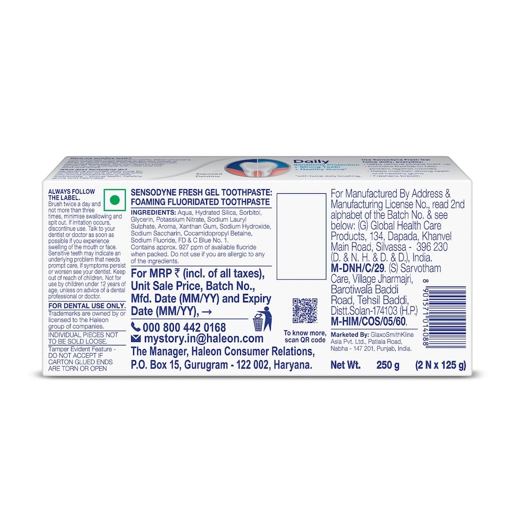 Sensodyne Toothpaste Fresh Gel | Daily Sensitivity Relief Tooth Paste Combo Pack - 250gm (125gm x 2) | Dentist Recommended | Everyday Use Paste, Fresh Breath, F