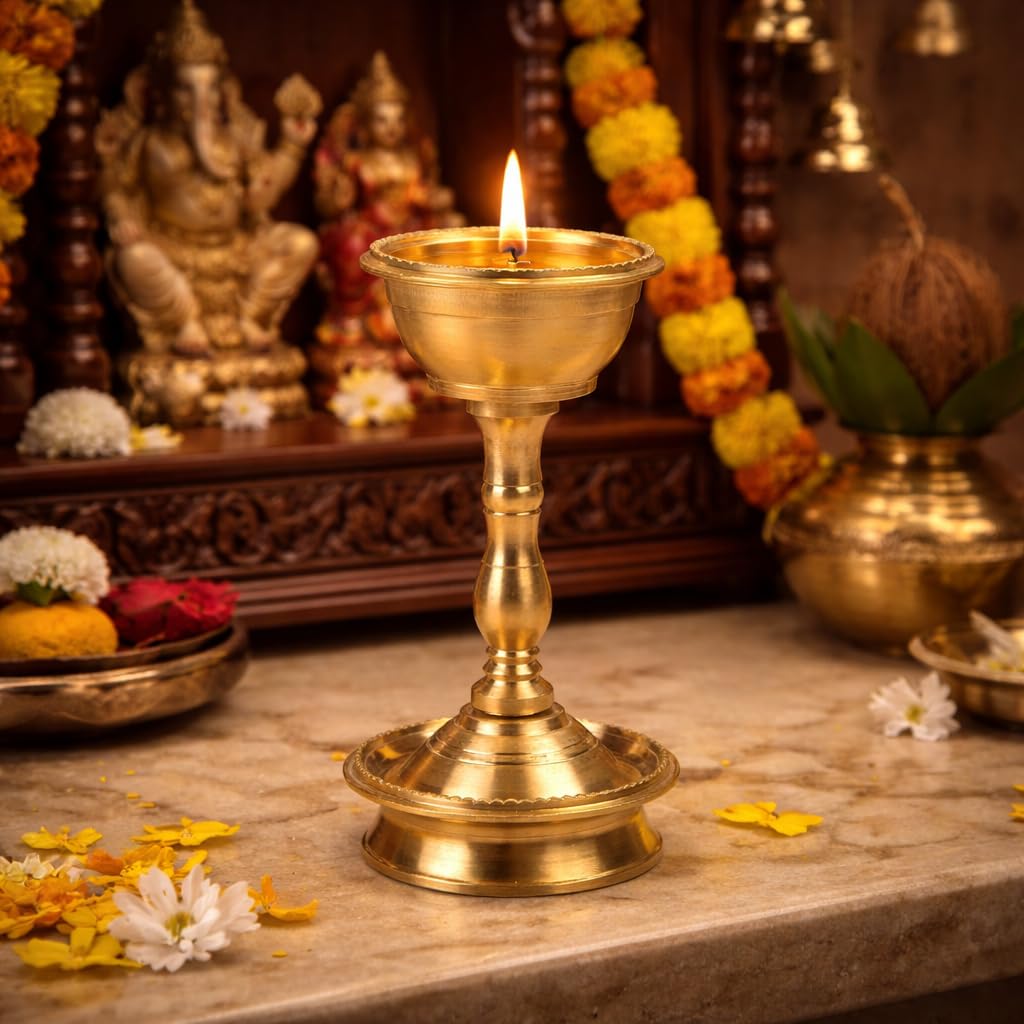 Klassic 4.5 Inch Swastik Akhand Diya with Borosilicate Glass Shade | Pure Brass Oil Lamp for Mandir, Daily Puja, Pooja Room, Diwali, Prayer, Wick Holder Festive