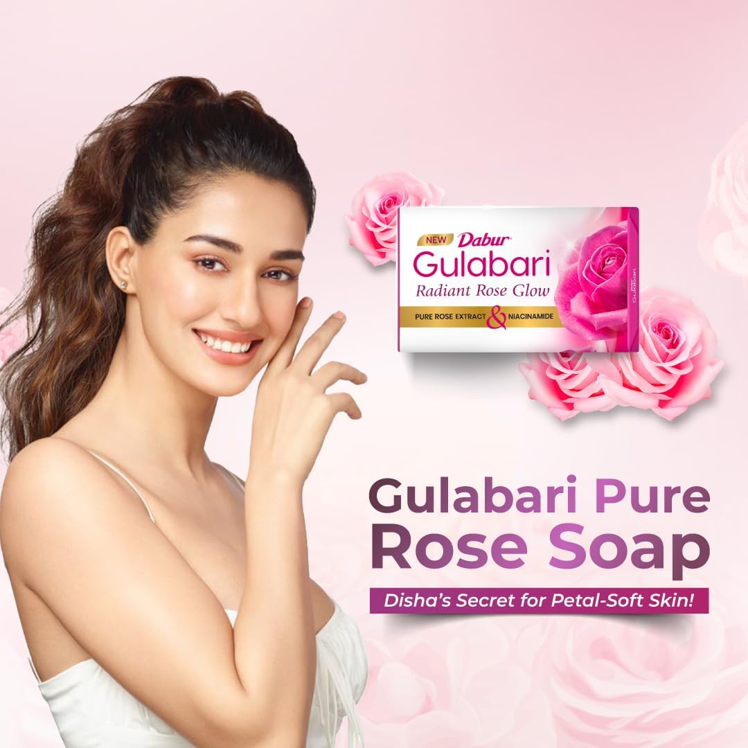 Dabur Gulabari Pure Rose Soap 150g (Pack of 4) | Moisturizing Bathing Soap for Radiant Glowing Skin & Body | Glycerine & Niacinamide | Long Lasting Fragrance |