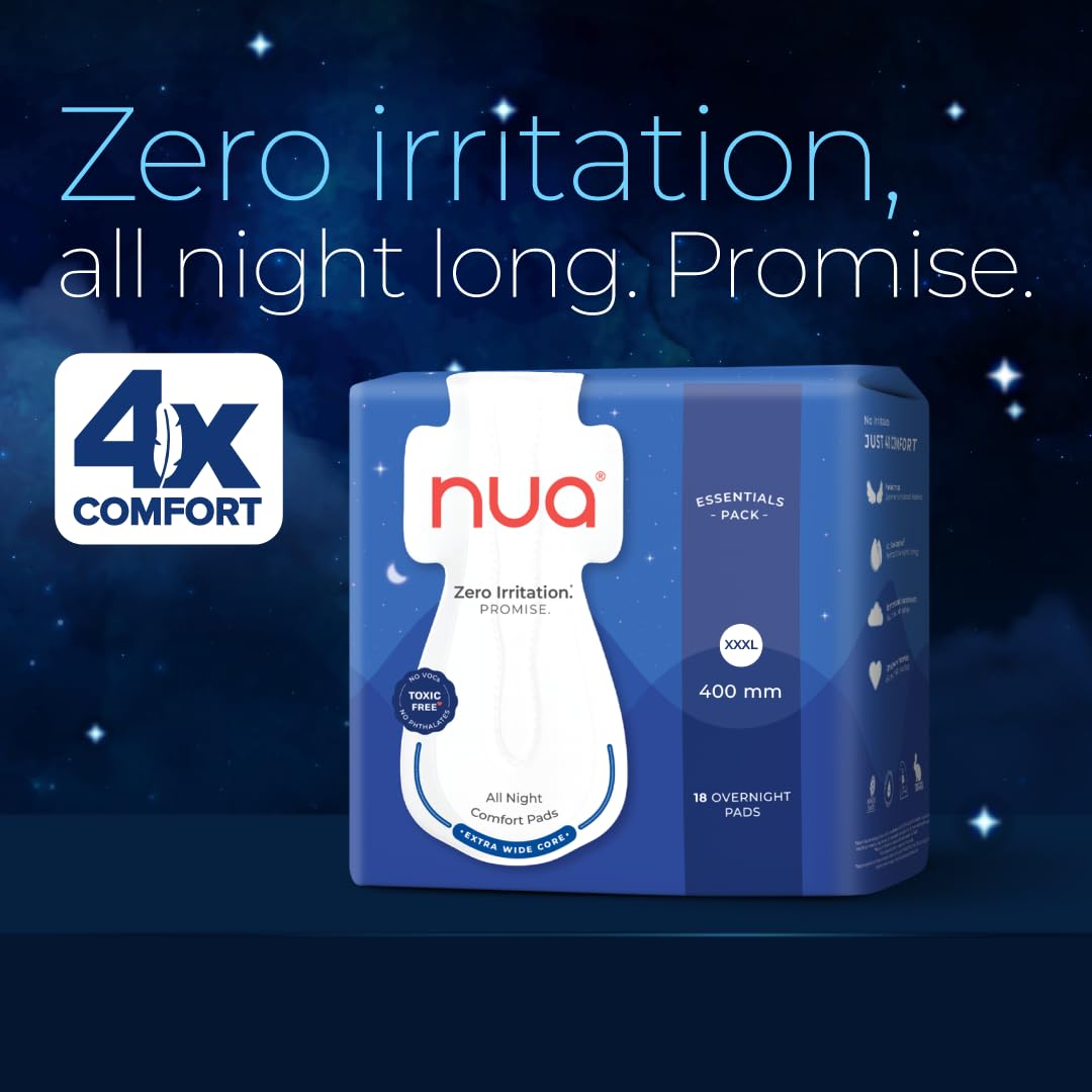Nua All Night Comfort Sanitary Pads | Pack of 18 (XXXL 400mm) | Extra Wide Core | Front to Back Coverage | Upto 12 Hours of Absorption | Super Soft and Breathab