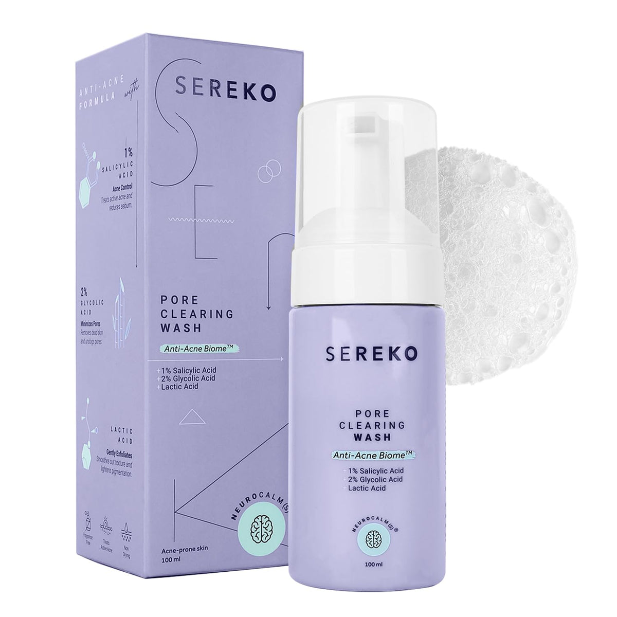 SEREKO Pore Clearing Face Wash with 1% Salicylic & Lactic Acid | Sulfate-Free Foaming Cleanser for Oily, Acne-Prone Skin | Deep Cleansing, Sebum Control & Gentl