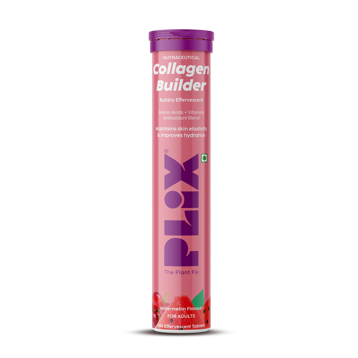 PLIX - THE PLANT FIX Collagen Builder Bubbly Effervescent - 15 Tablets (Watermelon) for Hydrated Skin & Anti-Aging | Amino Acid Blend For Collagen Production |