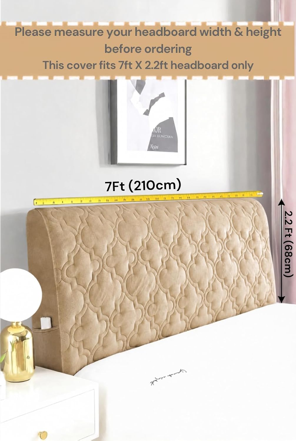 HOMETHREADS Velvet Headboard Cover with Light 6–8mm Foam Padding | Fits 7 Ft Bed Back Only | Measure Length & Height Before Buying | Soft Backrest Protector | G