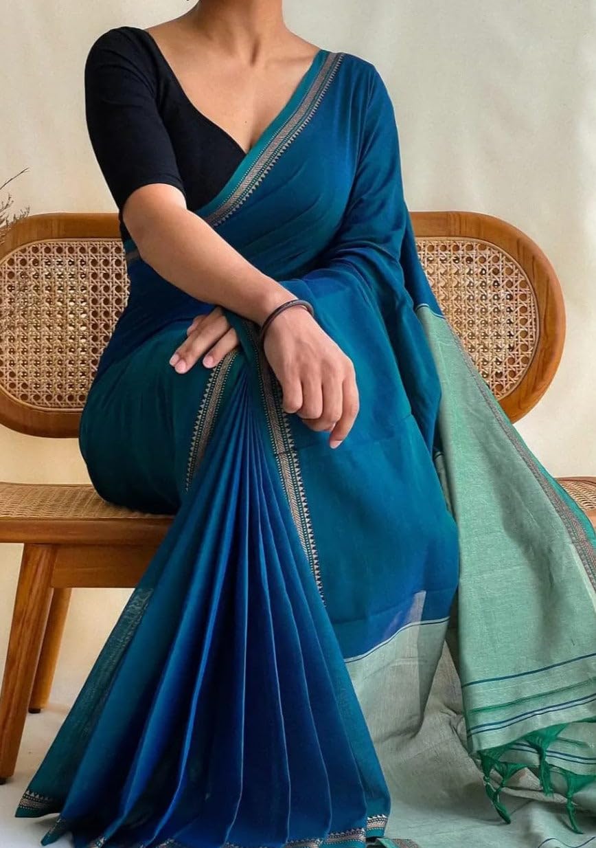 Womens Cotton Blend Handloom Khadi Small Border Saree With Unstitched Blouse Pices By Saptak Fashion 5.5M Saree & 0.8M Cotton Blouse Pices. BLUE&GREEN