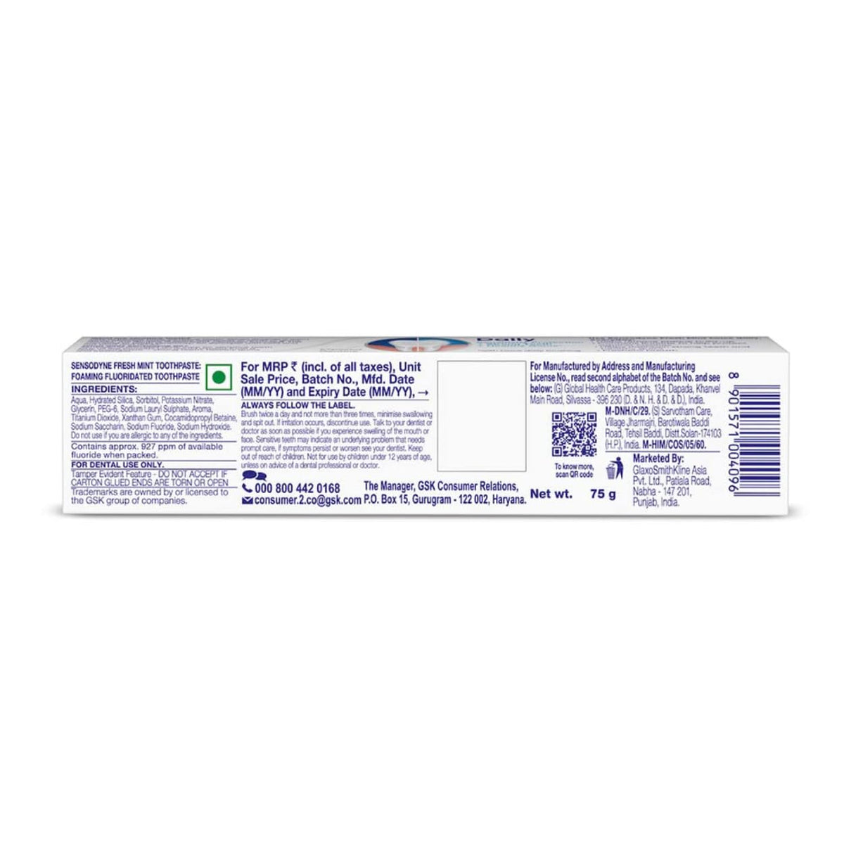 Sensodyne Toothpaste Fresh Mint | Daily Sensitivity Relief Tooth Paste Pack of 1 - 75gm | Dentist Recommended | Everyday Use Paste, Fresh Breath, Fights Tooth D
