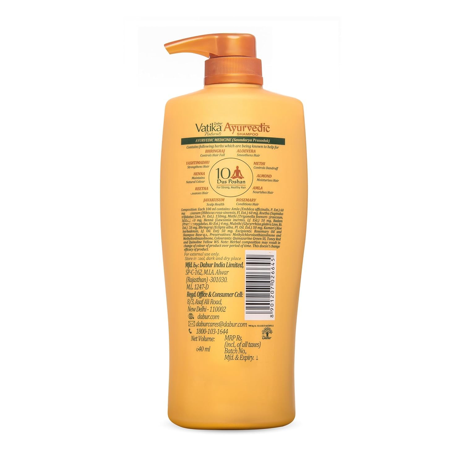 Dabur Vatika Naturals Ayurvedic Shampoo - 640 ml | 10 Natural Herb Extracts | Contains Rosemary, Aloe Vera, Amla, Almond & Bhringraj | Up to 100% Damage Repair | Everyday Shampoo for Women & Men