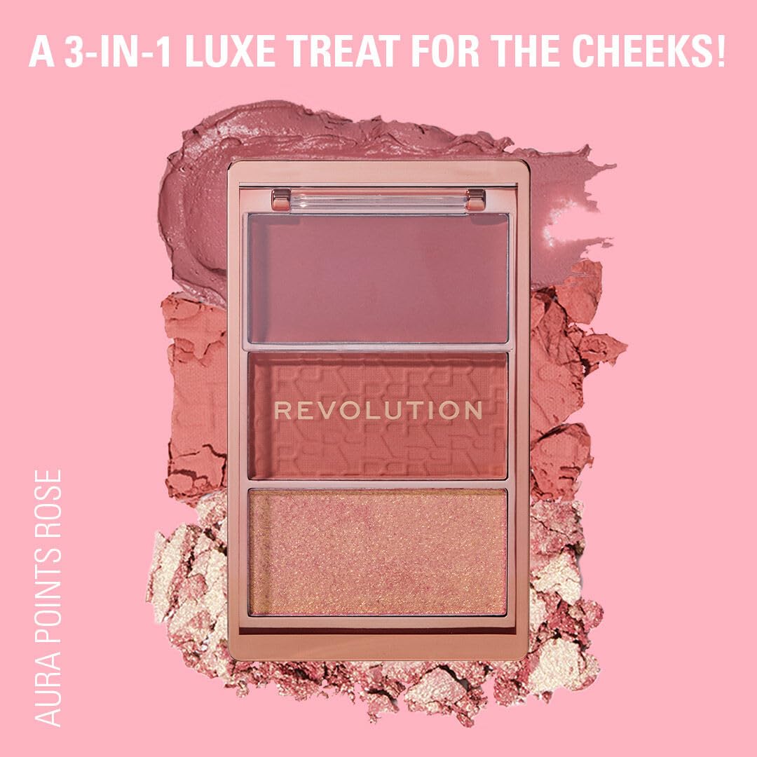 Revolution Blush Icon Palette- Aura Points Rose | Cream‑Matte‑Shimmer Trio with Hyaluronic Hydration | Highly Pigmented & Buildable | Long‑Lasting Flush for Indian Skin Tones- 9.8g