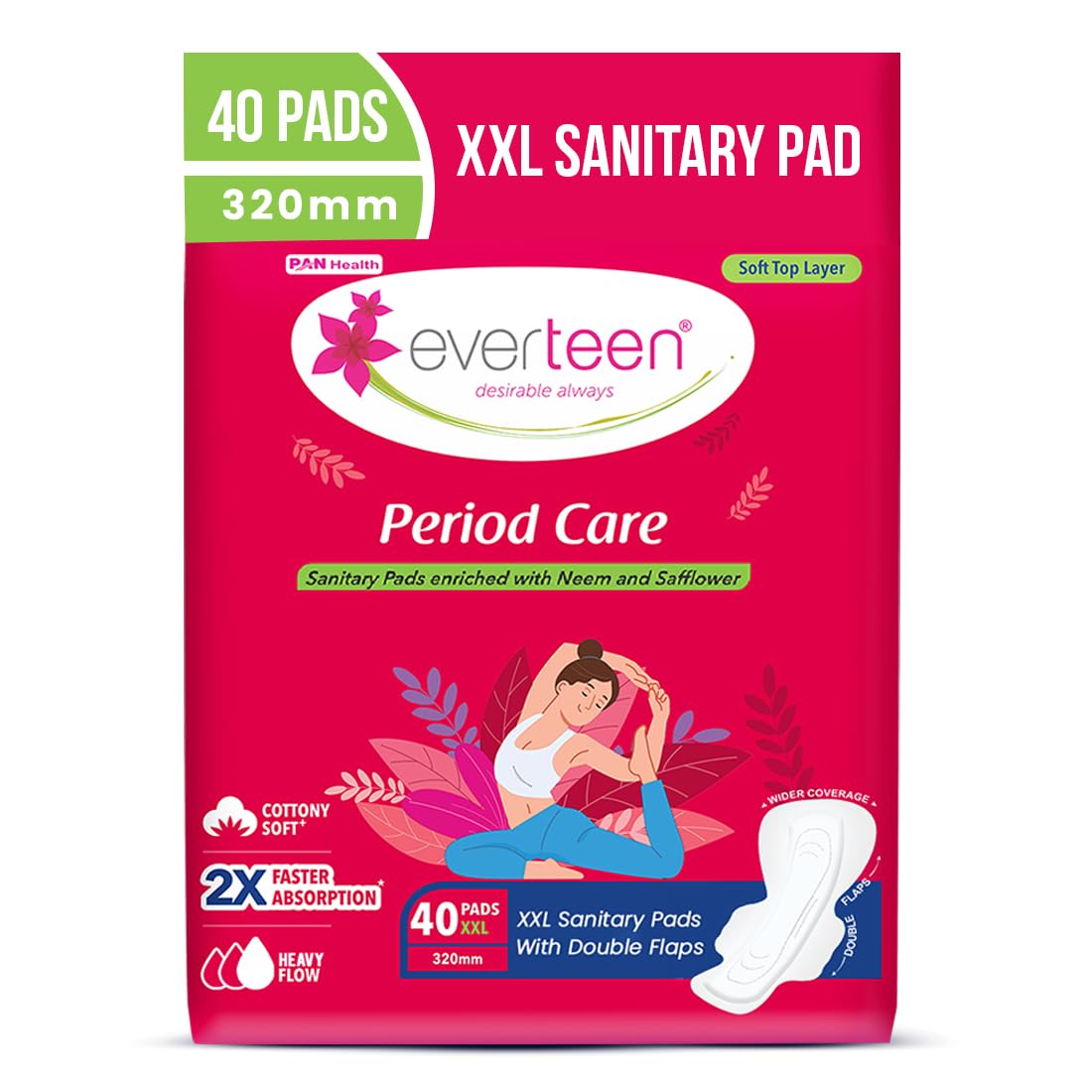 everteen XXL Sanitary Napkin Pads with Cottony-Soft Top Layer for Women Enriched with Neem and Safflower, XX-Large, 320mm Pack of 40, Pack of 1