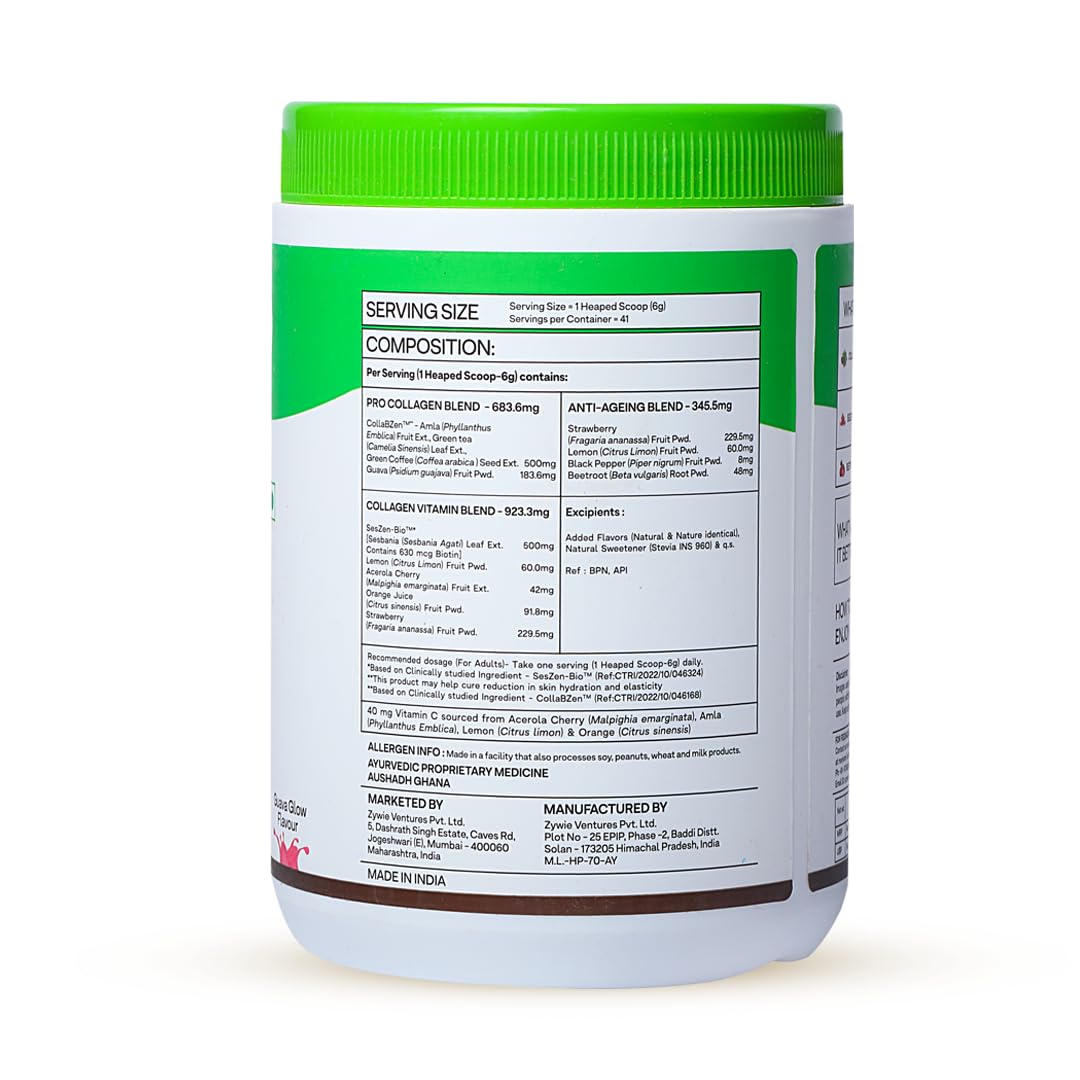 OZiva Vegan Collagen Powder, Skin, Hair & Nails, Biotin, Guava Glow, 200g