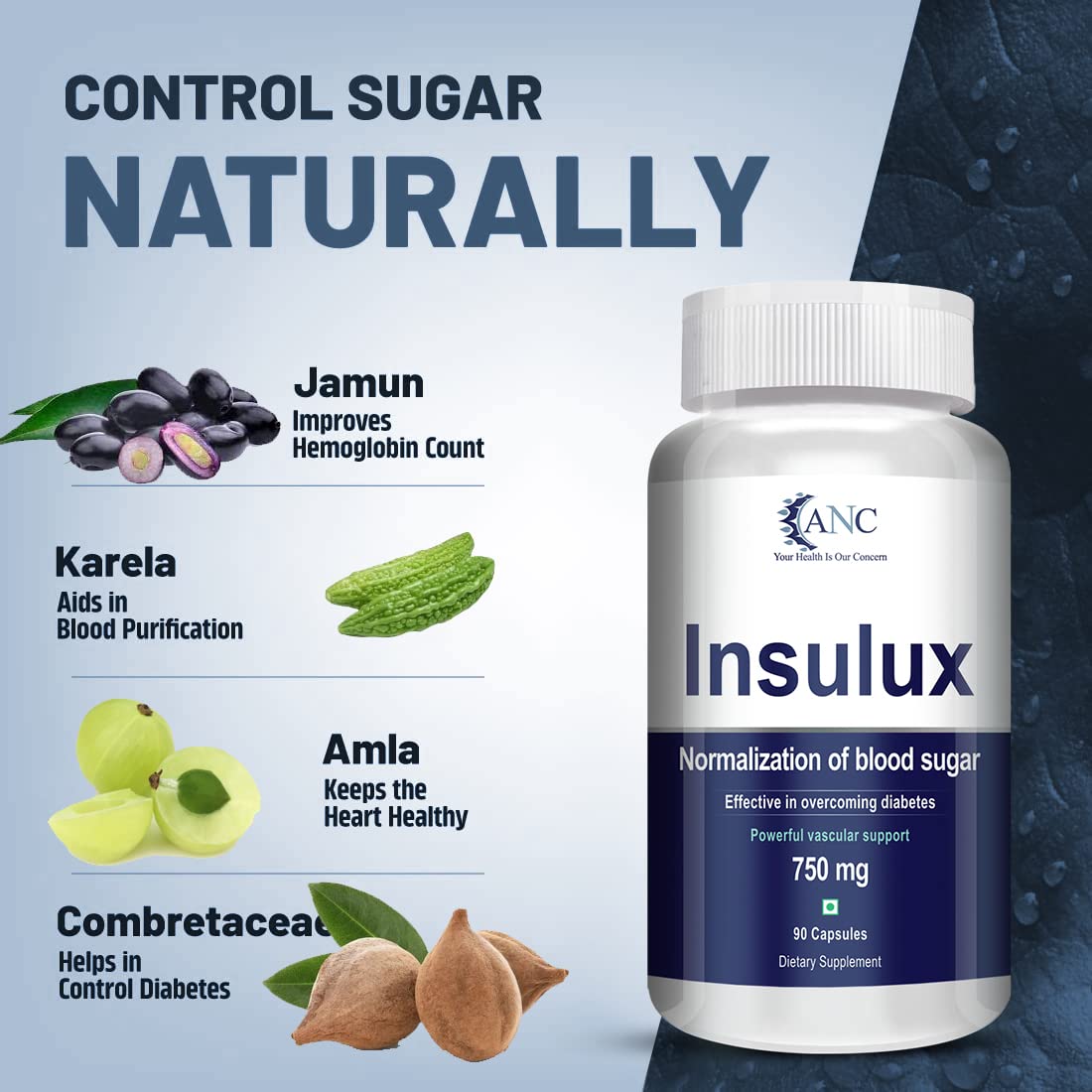 ANC Natural Insulux For Boost Energy,Endocrine Health & Diabetes Control (90 Capsules) With Jamun Seed Extract For Sugar control (90 Capsules)