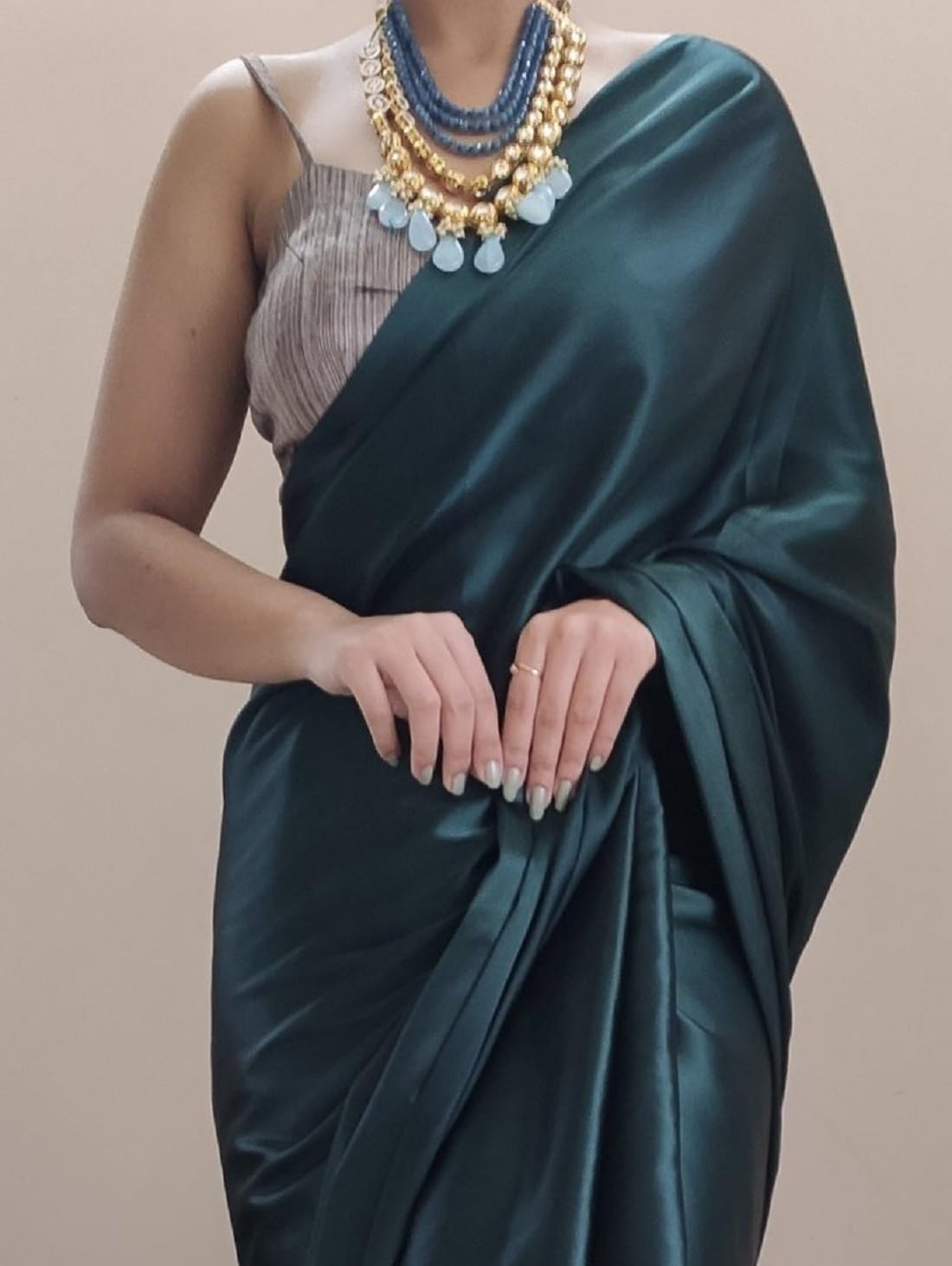 Women's Ready to Wear Satin Silk 1 Minute Pre Pleated Saree with Hand Work Tassels (Blackish Green) Free size Blackish Green