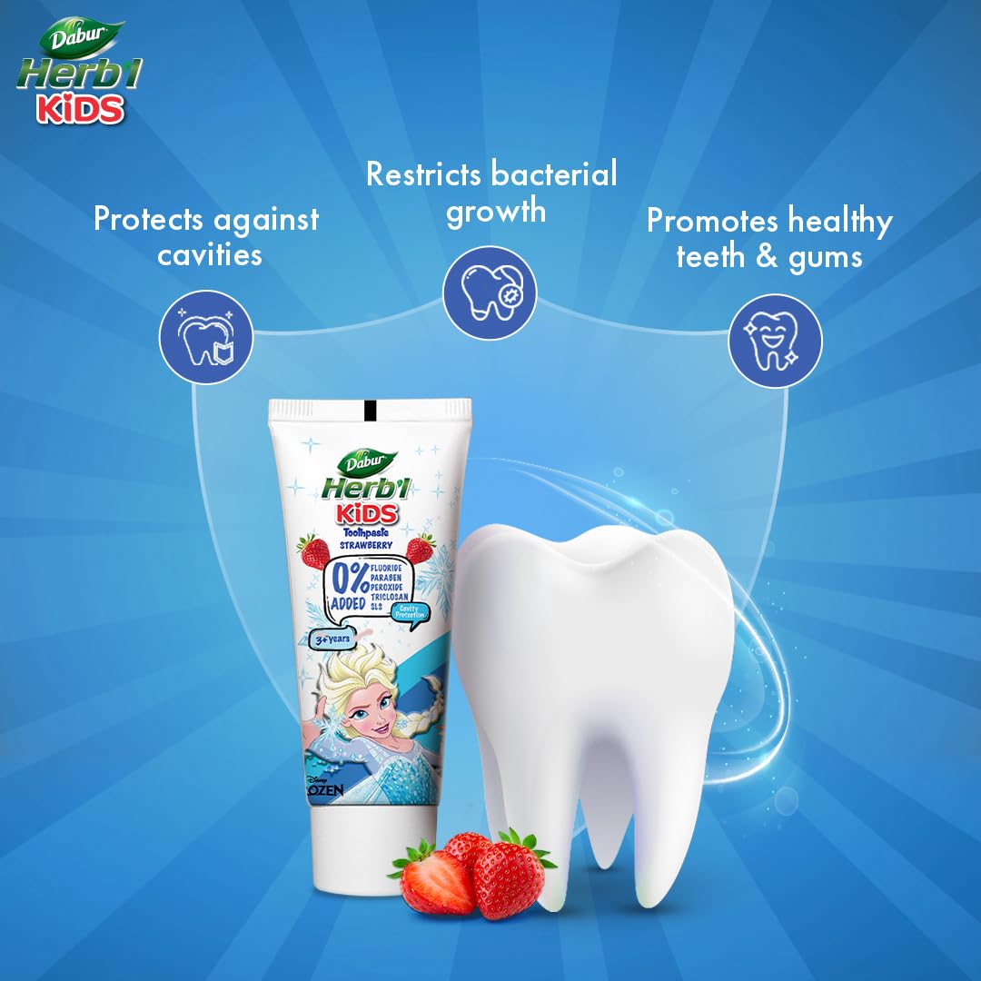 DABUR Herb'l Kids Elsa Frozen Toothpaste|3+ Years|Strawberry Flavour|80g|No added chemicals|Cavity protection|Fights germs|Strong Teeth,Healthy Gums|Natural & Safe For Kids|SLS & Flouride free