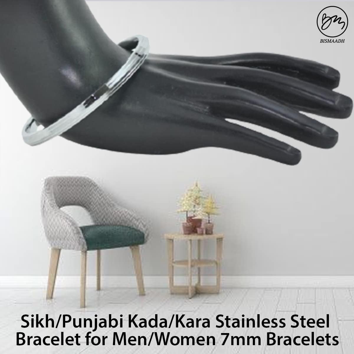 BISMAADH Sikh Religious Stainless Steel Kada Bracelet Steel Kara For Men and Women Silver Punjabi Kara 7MM Thickness SIlver 6.1 Centimetres