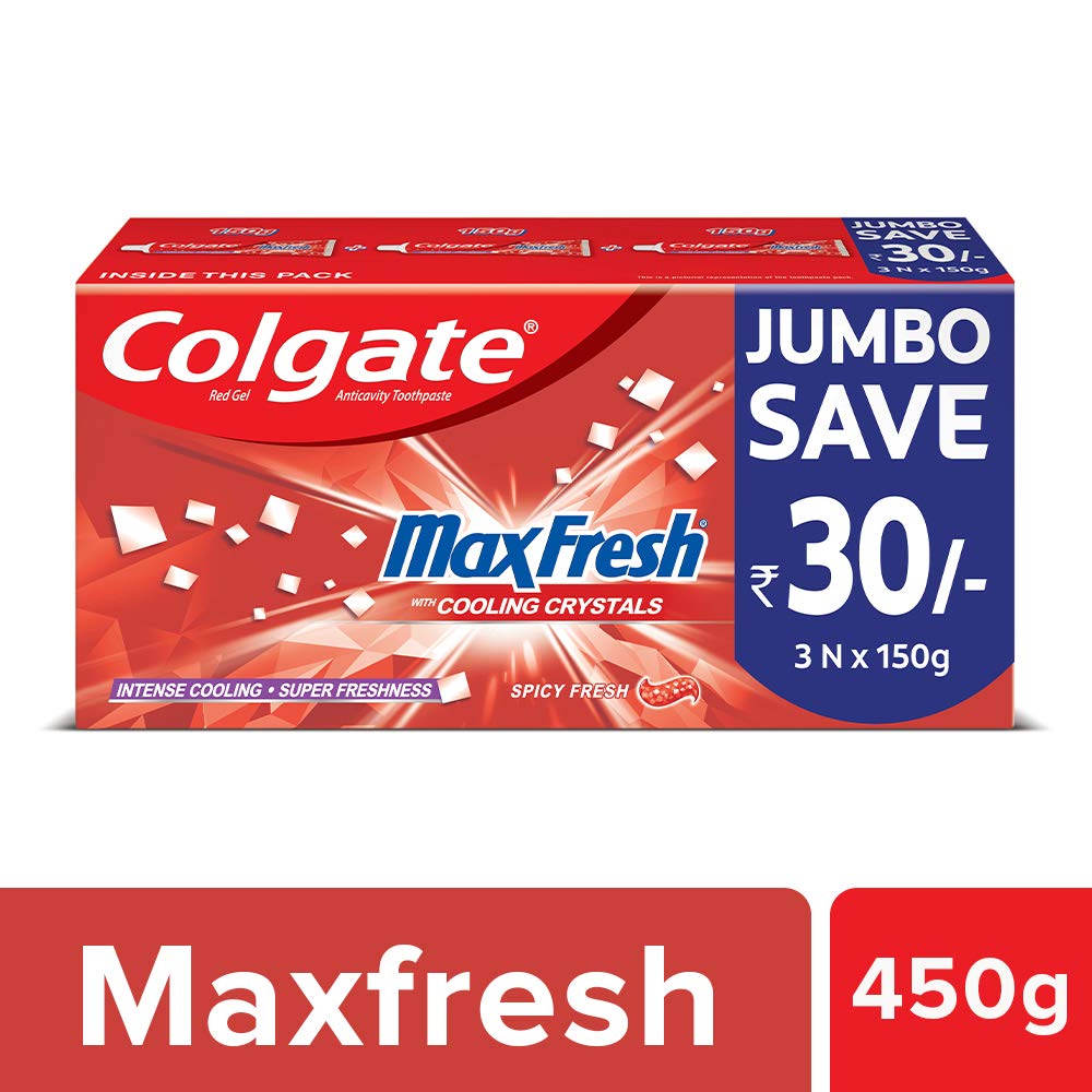 Colgate MaxFresh Anti-cavity Toothpaste, Peppermint Ice, 150gm (Pack of 2) with Anticavity Toothpaste Gel, Spicy Fresh - 150gm