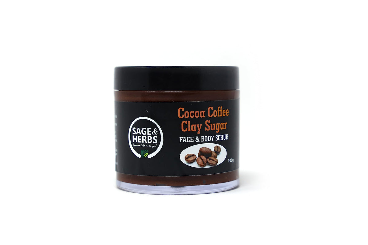Sage & Herbs Exfoliating Cocoa Coffee Clay Sugar Face & Body Scrub | Moisturizes for Instant Soft & Smooth Skin | Remove Dead Skin Cells, Blackheads,Tan| Sulfat