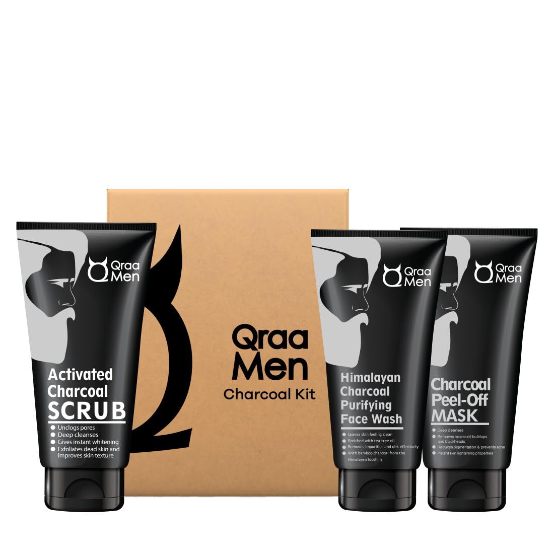 Qraa Men Charcoal Kit : Charcoal Scrub, Face wash & Peel-off Mask For Men - with Essential Oils | For deep cleansing & Glowing Skin | Anti Acne & Blackhead Remo