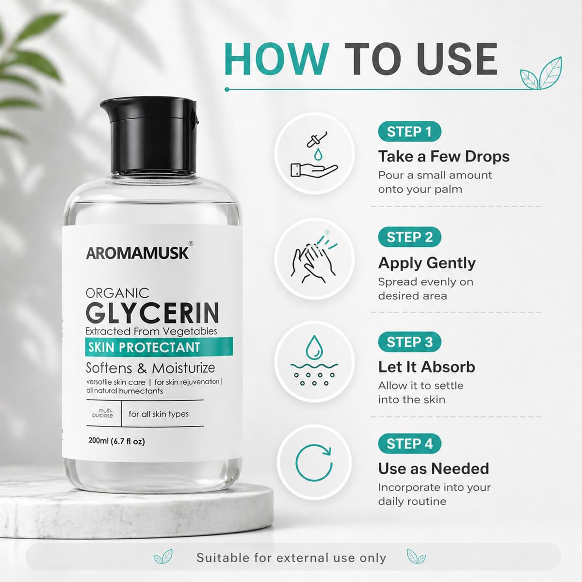 AromaMusk Organic And Pure Vegetable Glycerine For Face | Softens & Moisturizes – Pure & Natural Glycerine Liquid for Face, Beauty and Skin Care - 200ml