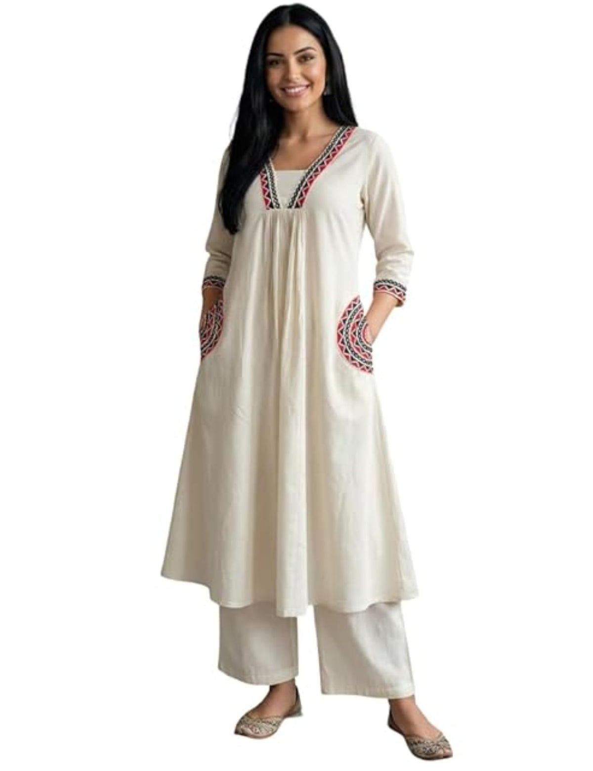 Memore Women’s Orange A-Line Khadi Cotton Embroidered Kurta Set| L White
