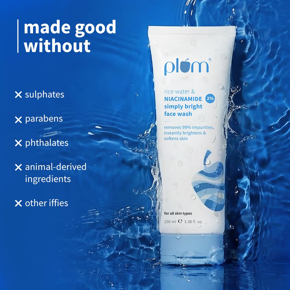 Plum 2% Niacinamide & Rice Water Face Wash 100ml | Hydrates & Brightens Skin | Softens & Smoothens Skin | Gentle & Non-Drying | Gently Cleanses 99% pore cloggin