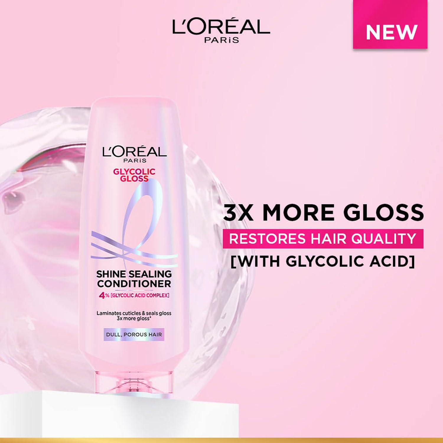 L’Oréal Paris Glycolic Gloss Shine sealing conditioner, powered by 4% Glycolic Acid, for dull hair, smoothens hair fiber for 3x more gloss, 340ml