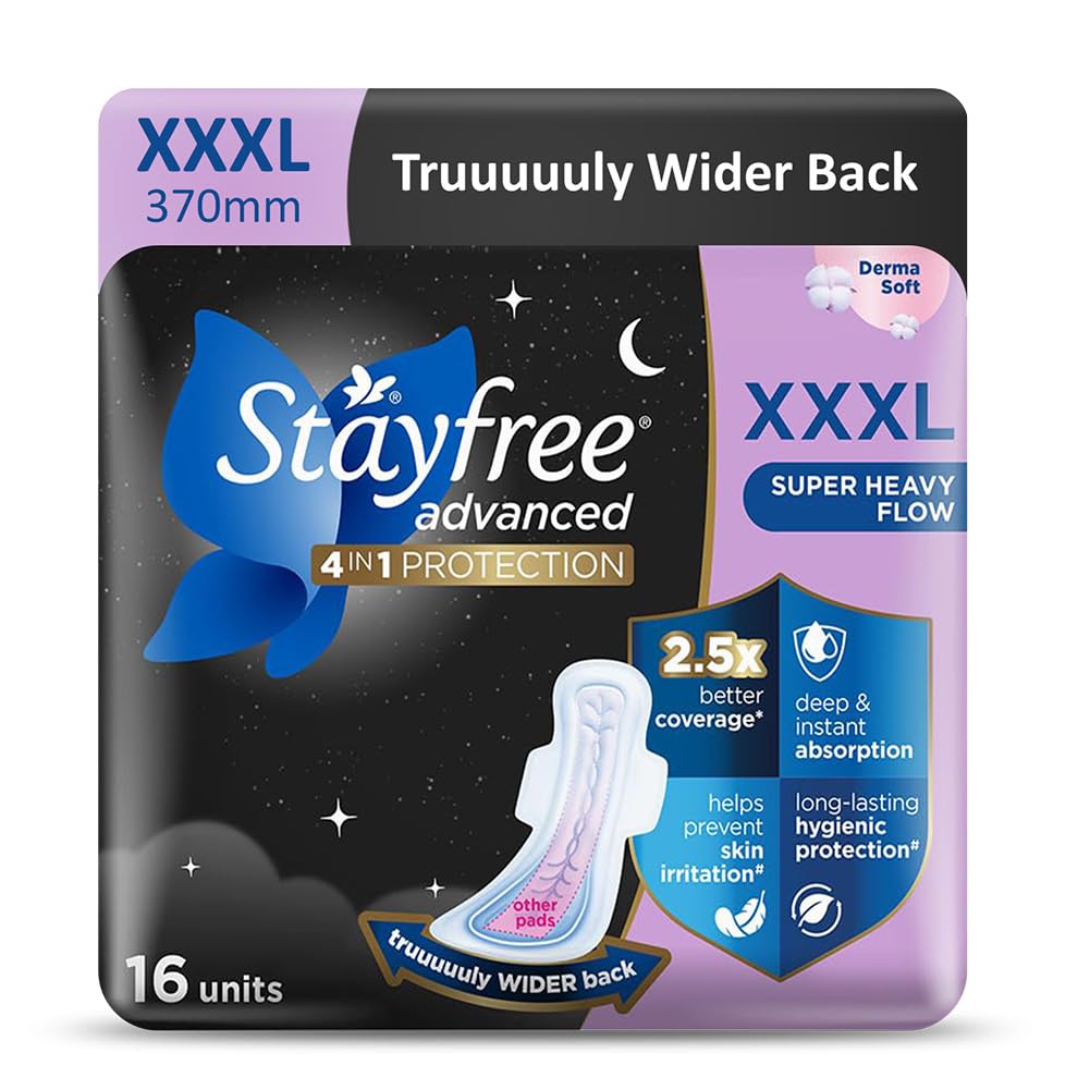 Stayfree Advanced XXXL Thin Sanitary Pads for Women | 16 Soft Cotton Pads for All Night Ultra Comfort | Absorbs 2x More with Wider Back | Prevent Rashes | Odour