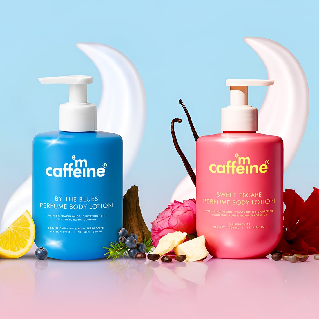 mCaffeine By the Blues Brightening Perfume Body Lotion & Sweet Escape Perfume Body Lotion | Niacinamide, Cocoa & Shea Butter | Deeply Moisturizes, Evens Skin To