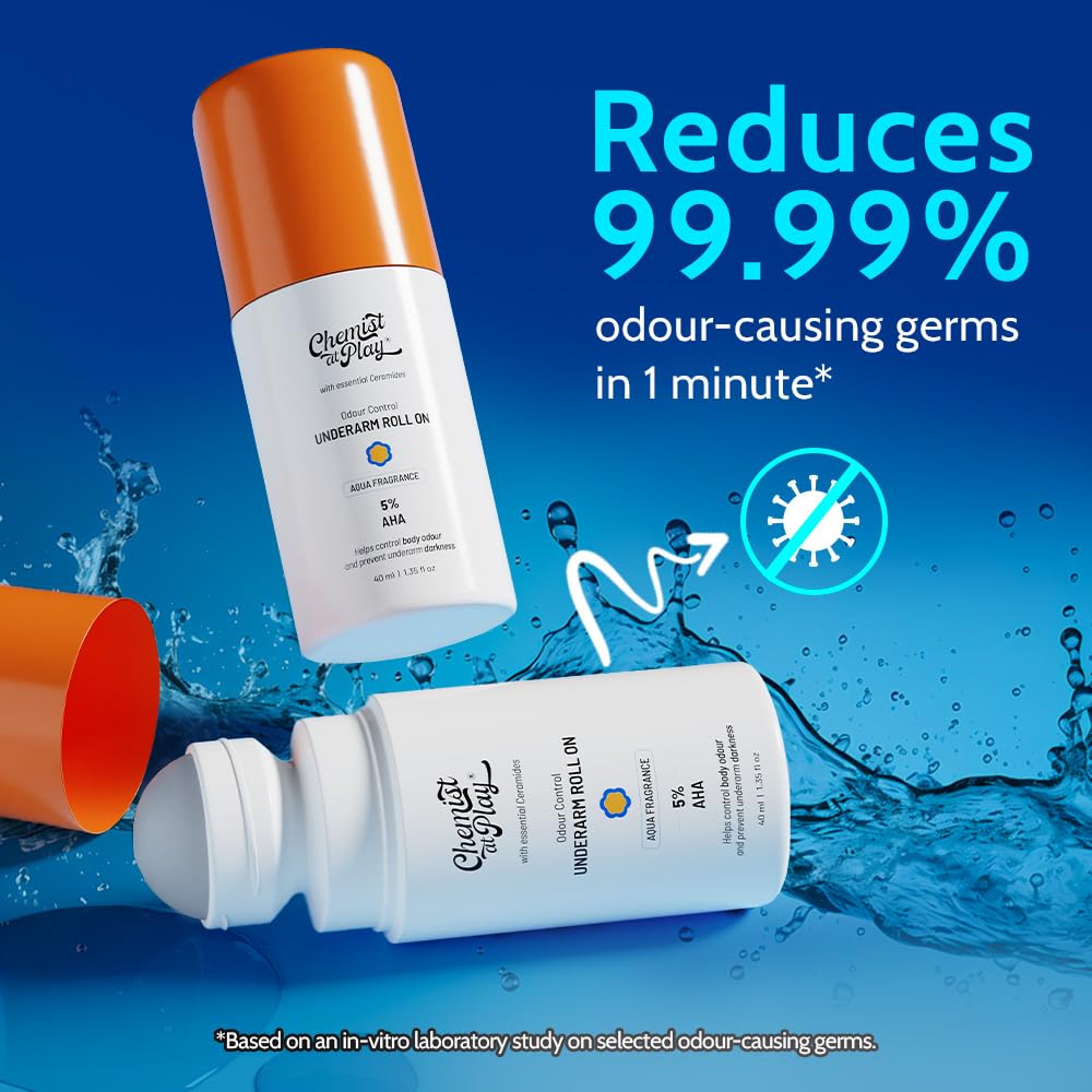 Chemist At Play UnderArm Roll On with 5% AHA, Lactic Acid & 1% Mandelic Acid|Prevents Body Odour, Fades Pigmentation & Kills Bacteria|0% Aluminium & 0% Alcohol | For Sensitive Skin|Aqua Fragrance|40ml